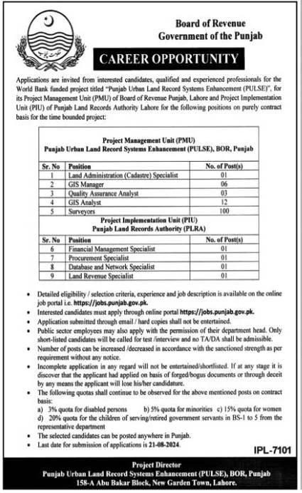 Board of Revenue BOR Punjab Jobs 2024 Advertisement