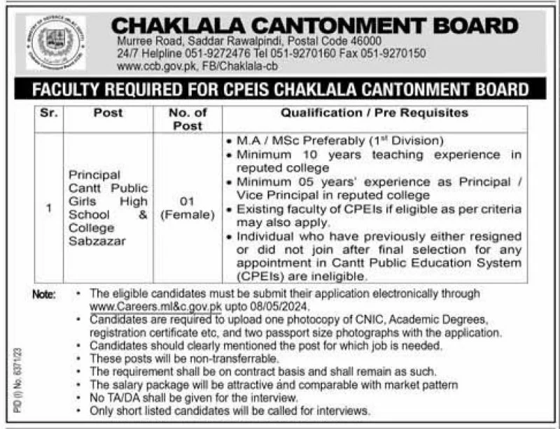 Chaklala Cantonment Board Jobs 2024 Advertisement