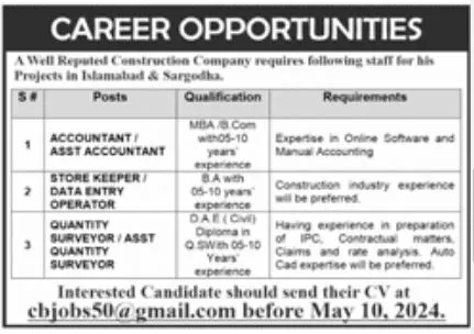 Construction Company Islamabad Jobs 2024 Advertisement