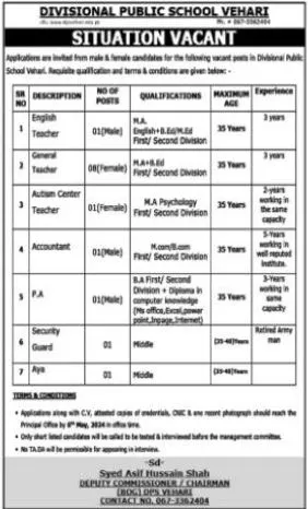 Divisional Public School DPS Vehari Jobs 2024 Advertisement