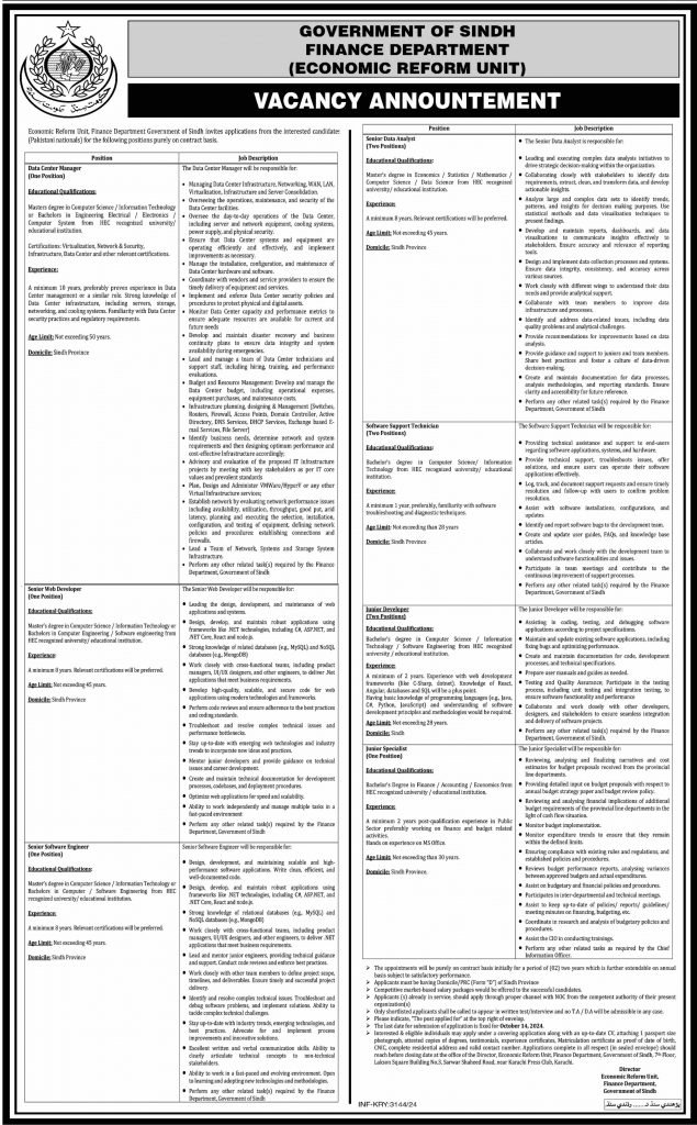 Finance Department Karachi Jobs 2024 Advertisement