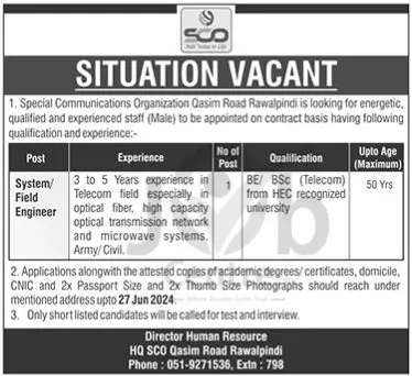 Latest Special Communication Organization SCO Rawalpindi Jobs 2024 Advertisement
