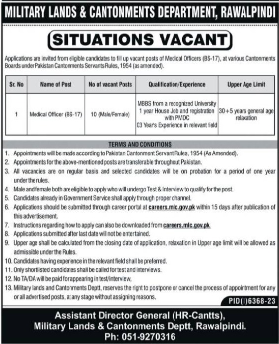 Military Lands and Cantonment Department MLC Rawalpindi Jobs 2024 Advertisement