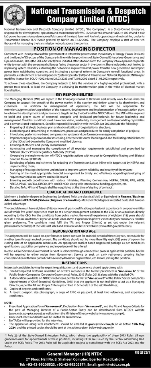 National Transmission and Despatch Company NTDC Jobs 2024 Advertisement