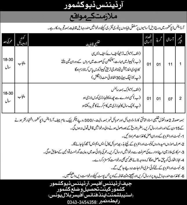 Ordnance Depot Kashmore jobs 2024 Advertisement