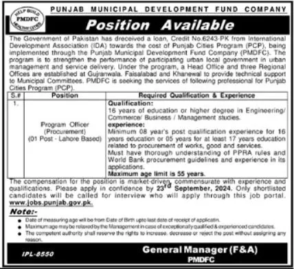 Punjab Municipal Development Fund Company PMDFC Jobs 2024 Advertisement