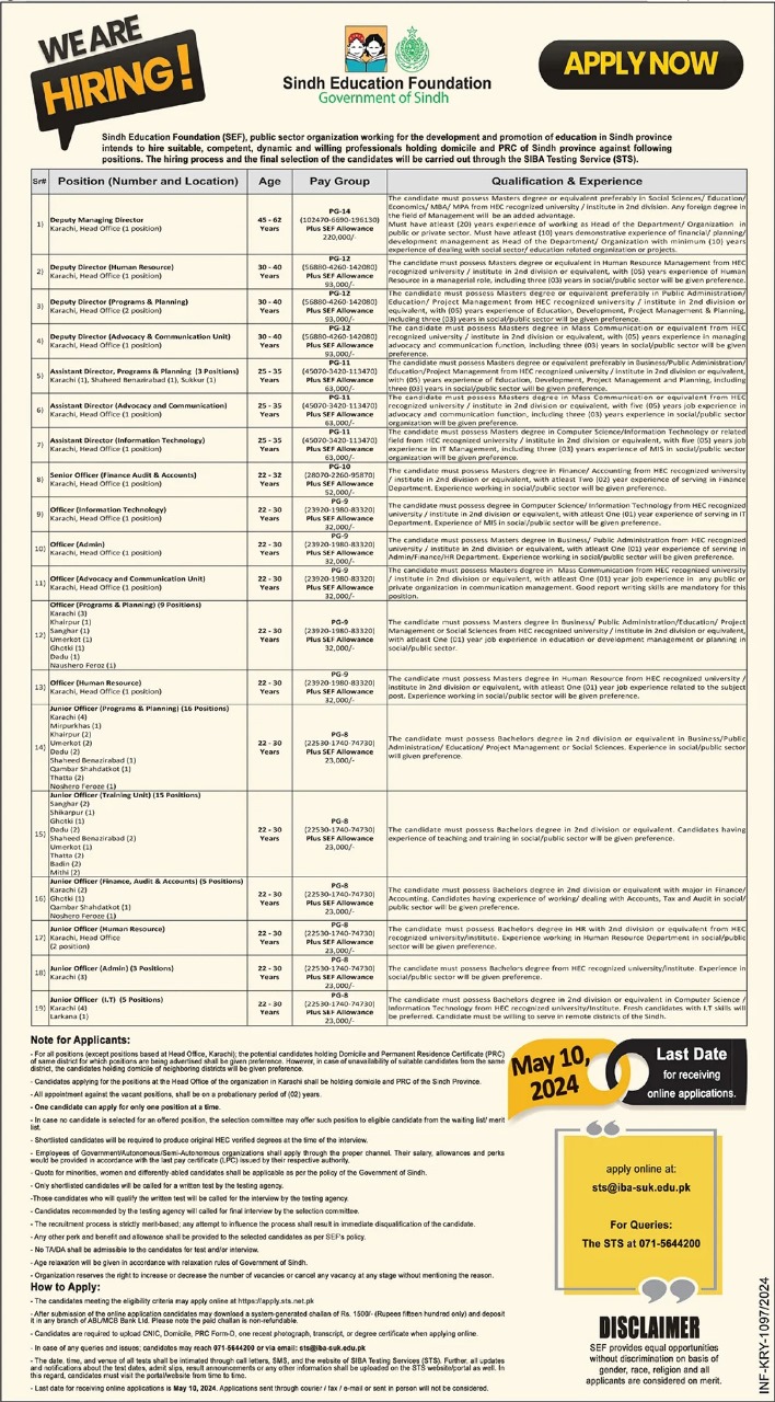 Sindh Education Foundation SEF Jobs 2024 Advertisement