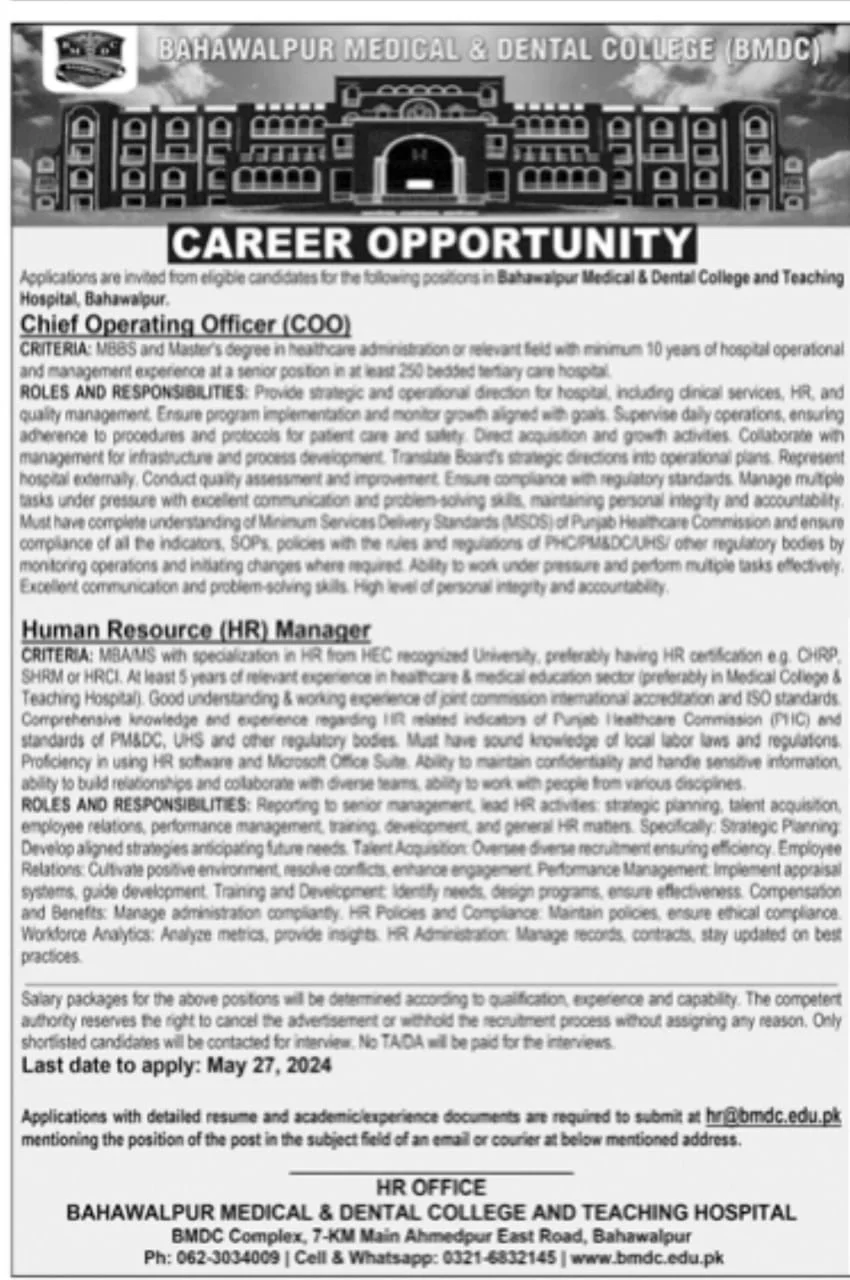 Bahawalpur Medical and Dental College BMDC Jobs 2024 Advertisement