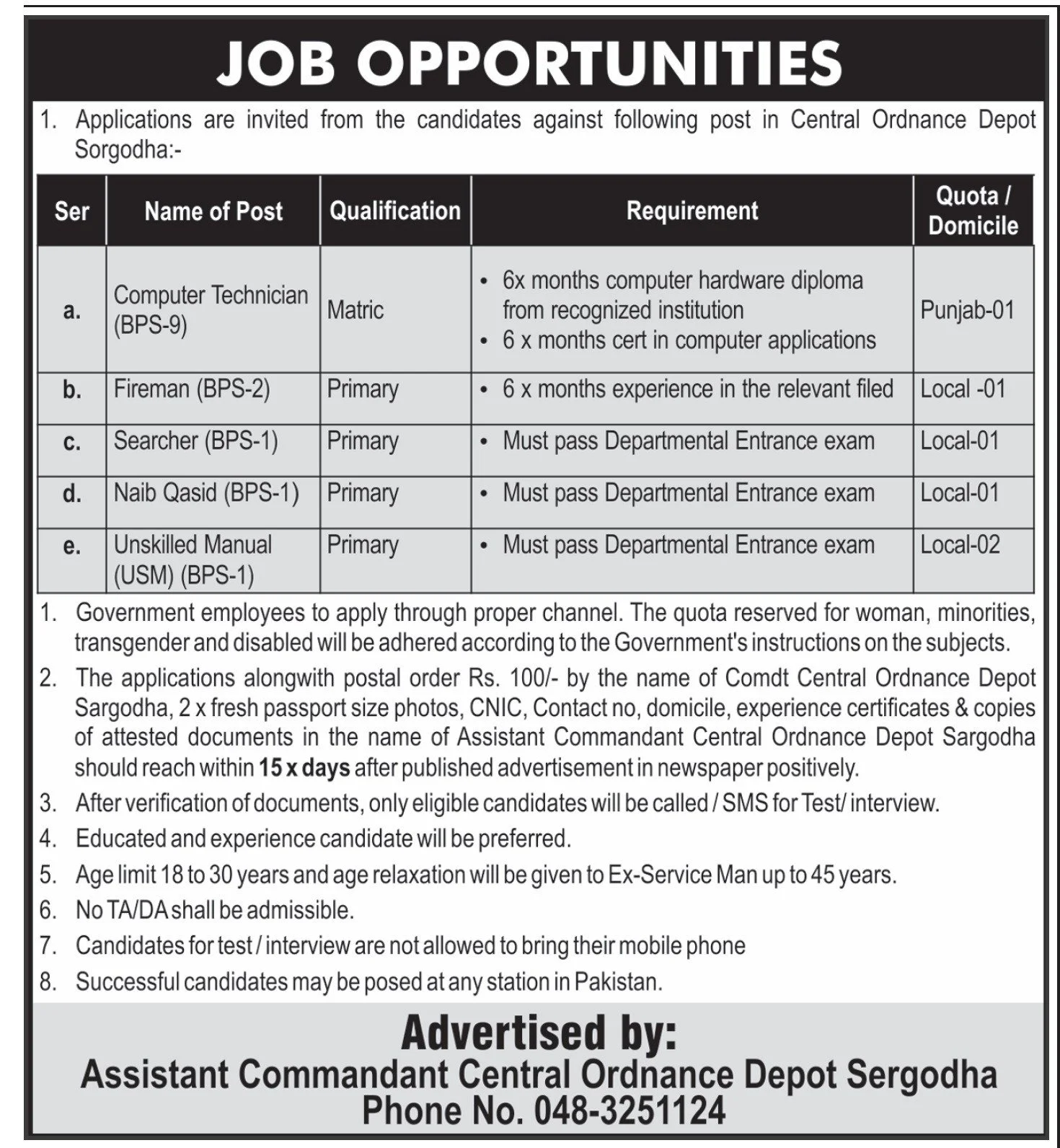 Central Ordnance Depot COD Sargodha Jobs 2024 Advertisement