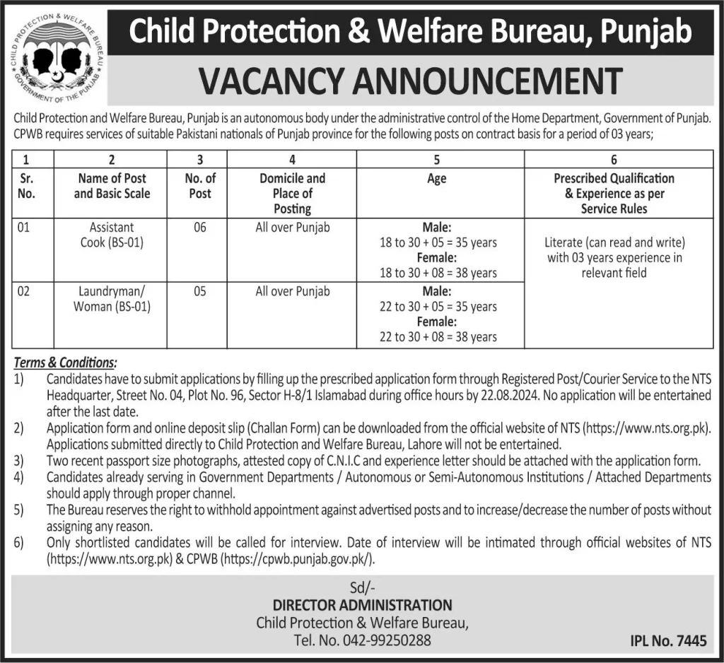 Child Protection and Welfare Bureau Punjab Jobs 2024 Advertisement