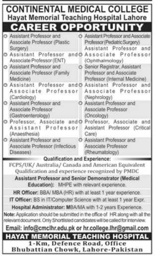 Continental Medical College Lahore Jobs 2024 Advertisement