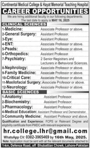 Continental Medical College Lahore Jobs 2025 Latest Advertisement