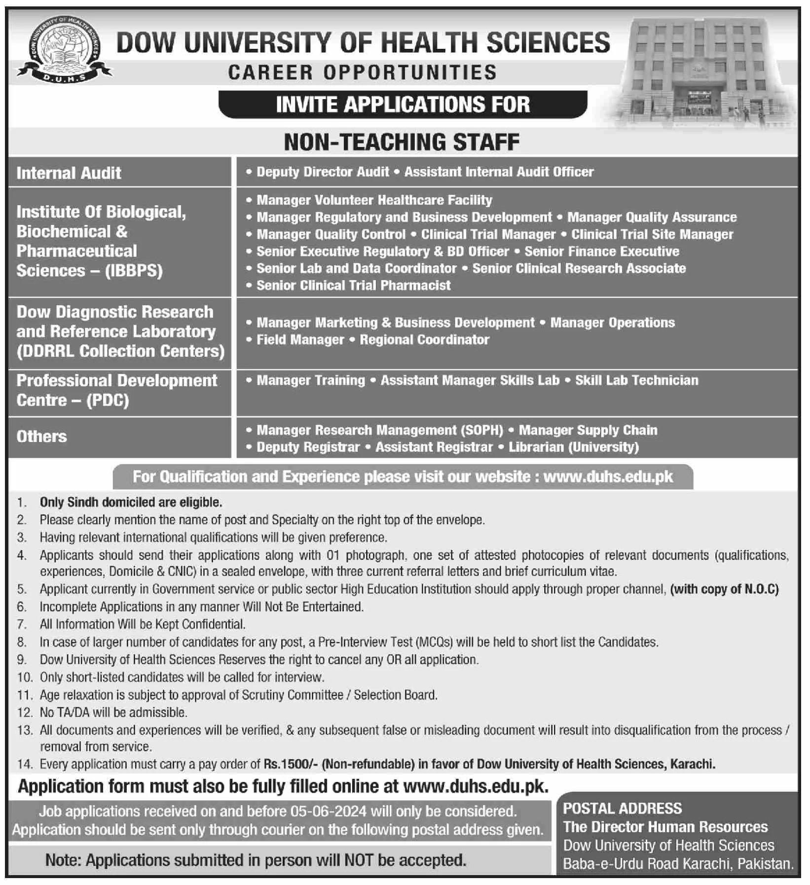 Dow University of Health Sciences DUHS Karachi Jobs 2024 announcement