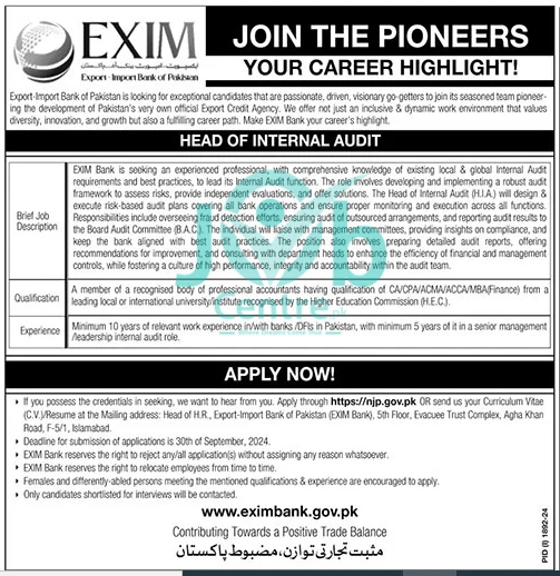 Exim Export Import Bank Of Pakistan Careers 2024 Advertisement