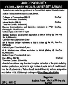 Fatima Jinnah Medical University FJMU Lahore jobs 2024 Advertisement