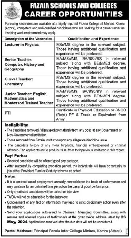 Fazaia College Minhas Kamra Jobs 2024 Advertisement