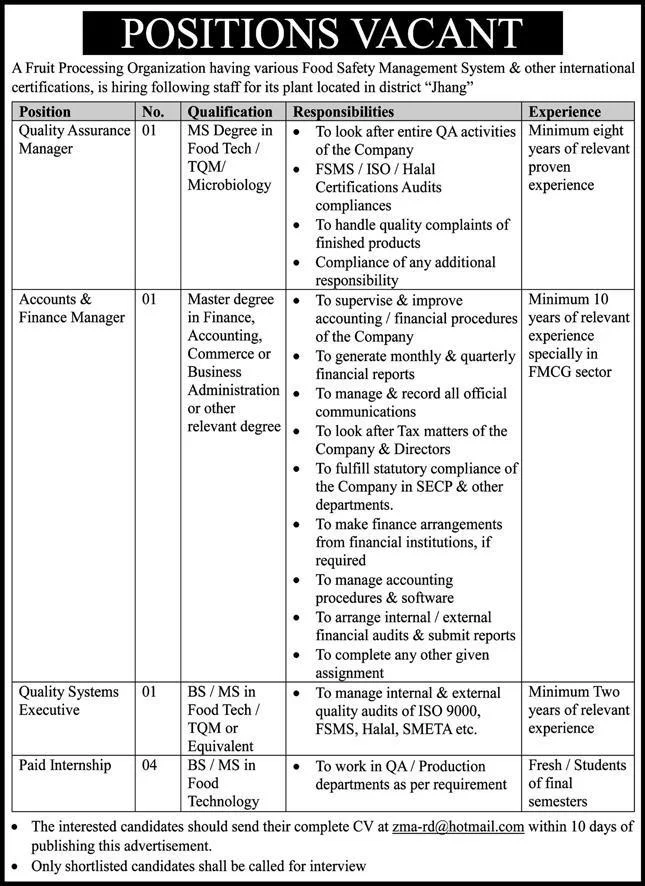 Fruit Processing Organization Jhang Jobs 2024 announcement