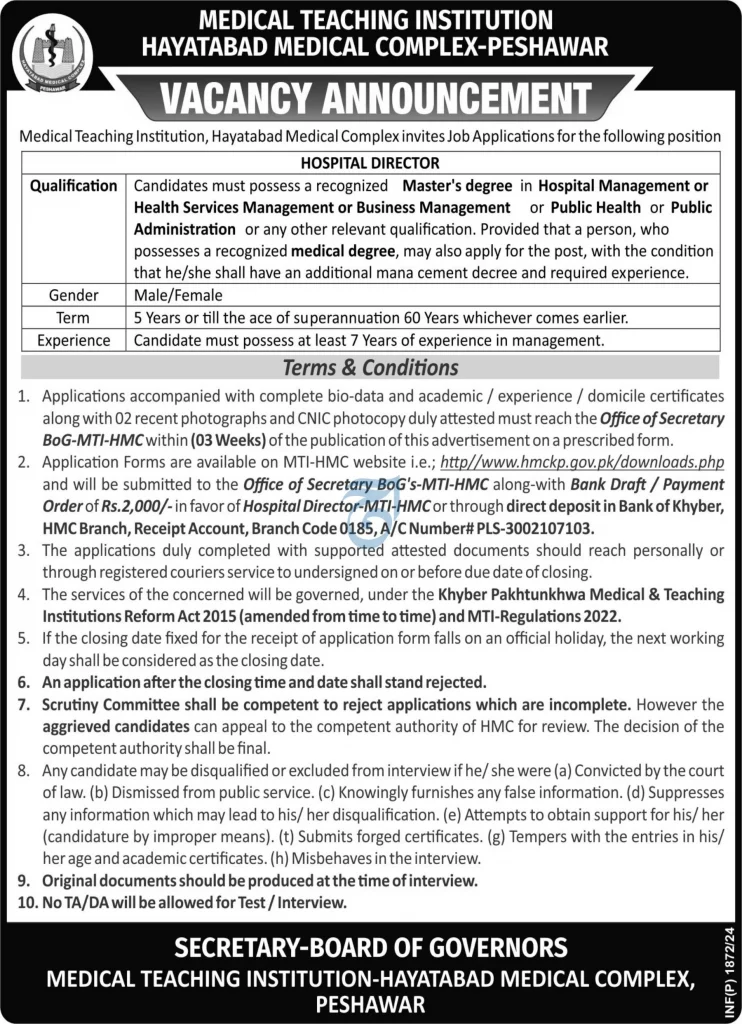 Hayatabad Medical Complex Peshawar Jobs 2024 Advertisement