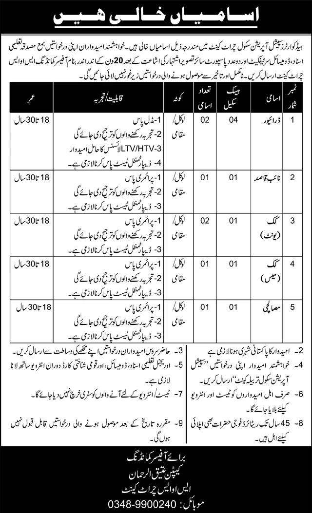 Headquarter Special Operation School Nowshera Jobs 2024 Advertisement