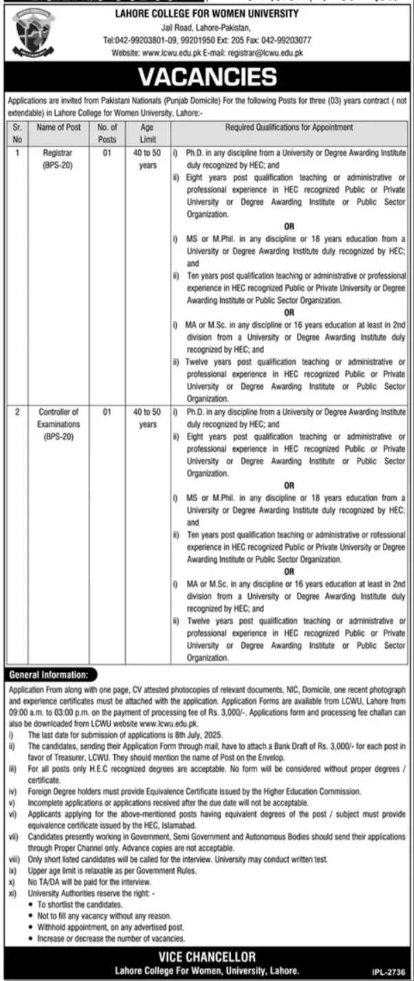 LCWU Jobs 2025 Latest Advertisement
