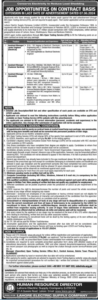 Lahore Electric Supply Company LESCO Jobs 2024 Advertisement