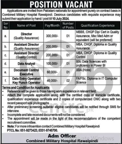 Latest Combined Military Hospital CMH Rawalpindi Jobs 2024 Advertisement