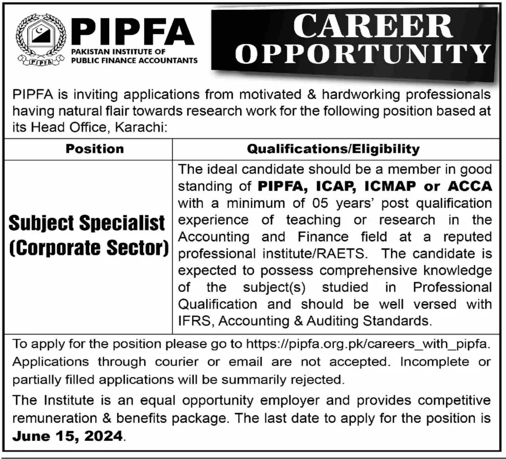 Latest Pakistan Institute of Public Finance Accountants PIPFA Jobs 2024 Advertisement