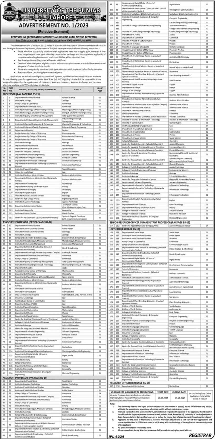 Latest University Of Punjab PU Lahore Jobs 2024 Advertisement