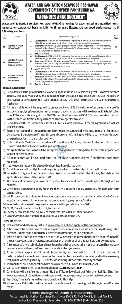 Latest Water and Sanitation Services Peshawar WSSP Jobs 2024 Advertisement