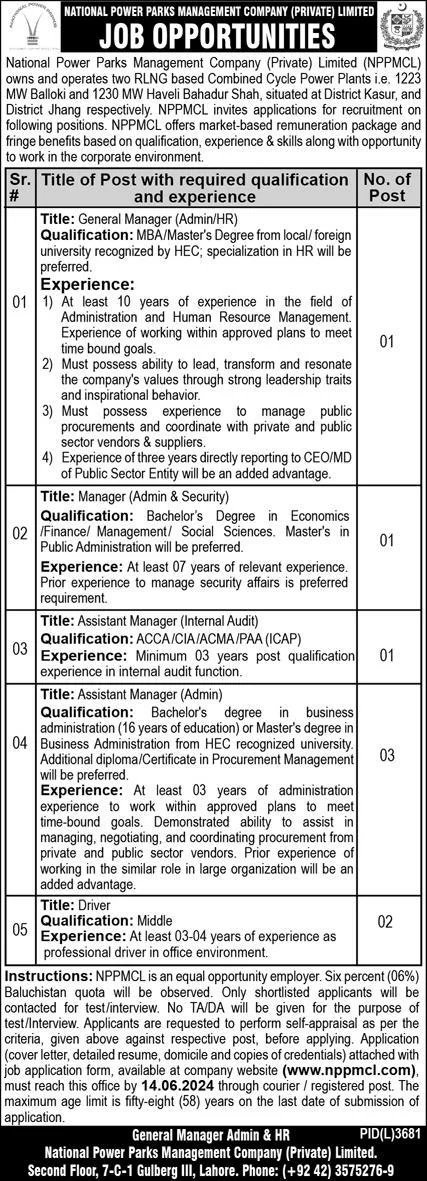 National Power Parks Management Company Limited NPPMCL Lahore jobs 2024 Advertisement