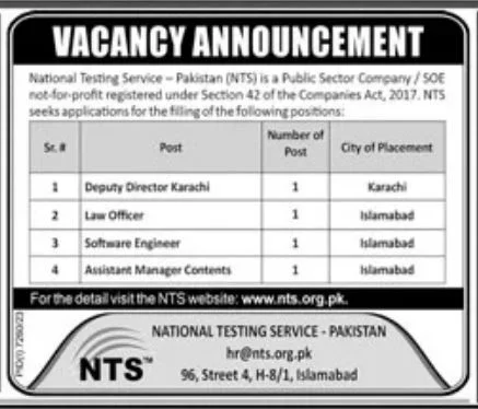 National Testing Service Pakistan NTS Islamabad Jobs 2024 Advertisement