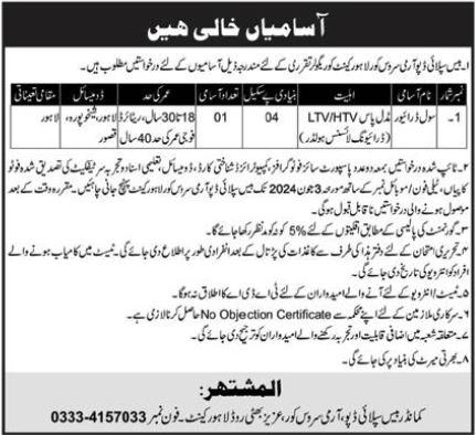 Pakistan Army Base Supply Depot Lahore Cantt Jobs 2024 Advertisement