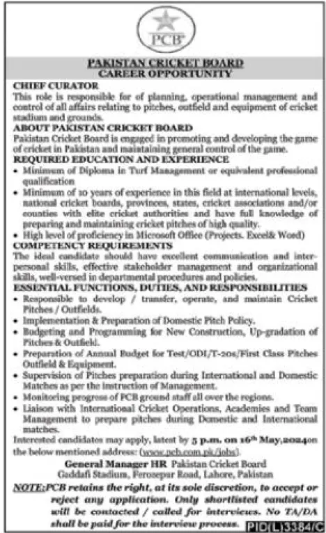 Pakistan Cricket Board PCB jobs 2024 Advertisement