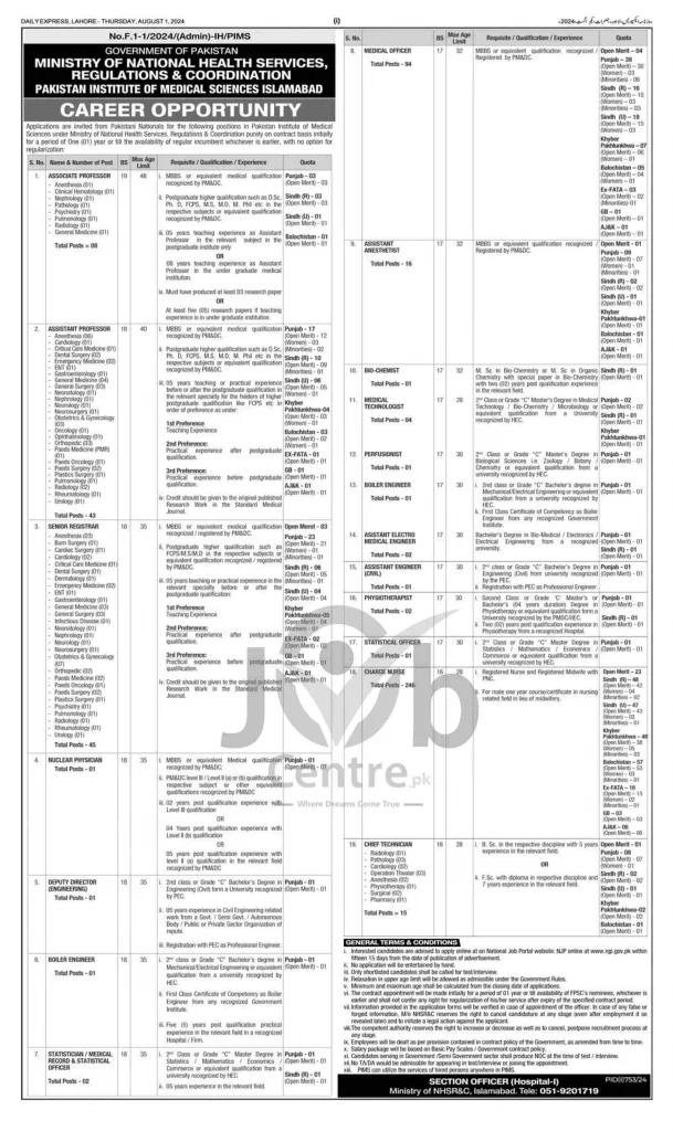 Pakistan Institute of Medical Sciences PIMS Islamabad Jobs 2024 Announcement