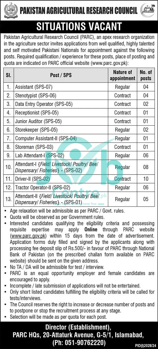 Pakistan Agriculture Research Council PARC Jobs 2024 Advertisement