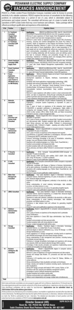 Peshawar Electric Supply Company PESCO Jobs 2024 Advertisement