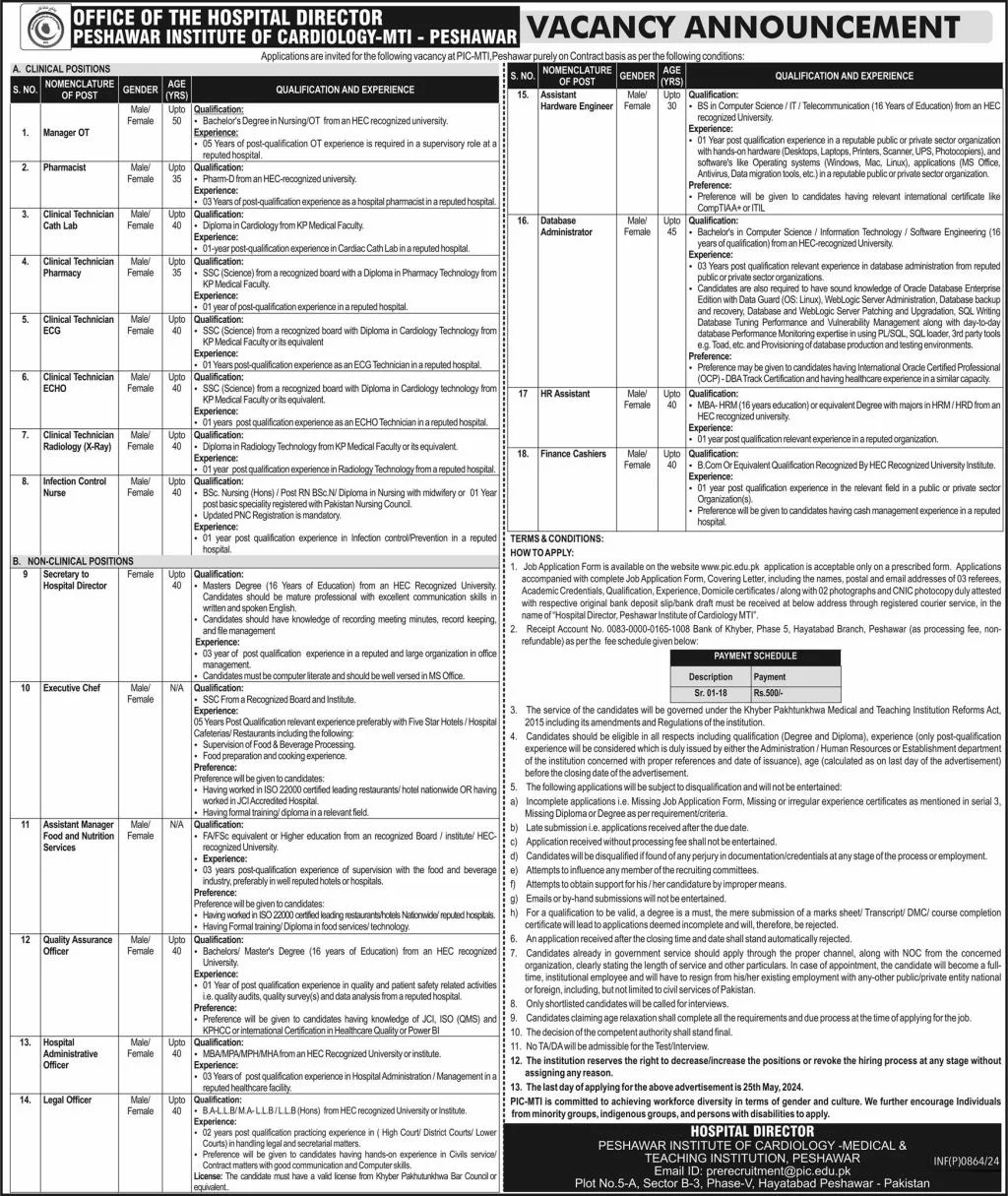 Peshawar Institute of Cardiology PIC Peshawar Jobs 2024 Advertisement