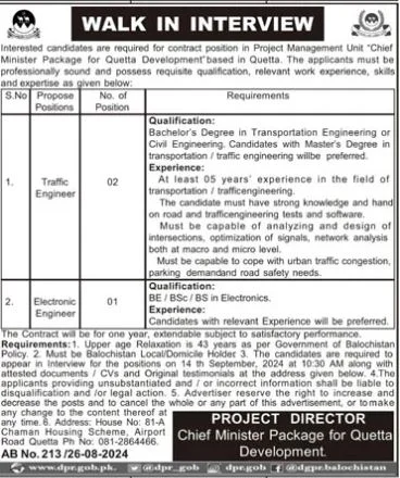 Project Management Unit PMU Quetta Jobs 2024 Advertisement