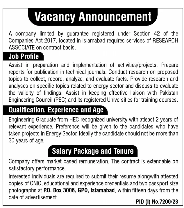 Public Sector Organization PO Box 3006 GPO Islamabad Jobs 2024 announcement