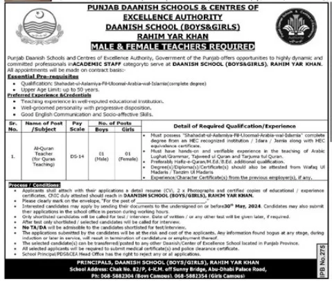 Punjab Daanish Schools Rahim Yar Khan Jobs 2024 Advertisement