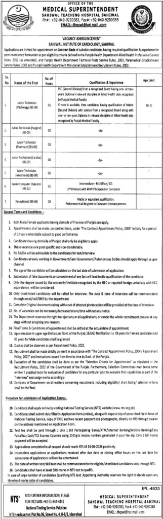 Sahiwal Teaching Hospital Jobs 2024 Advertisement: