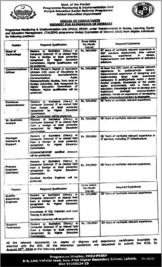 School Education Department Punjab Jobs 2024 Advertisement