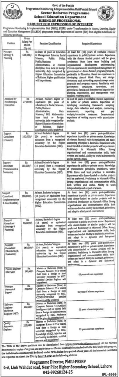 School Education Department SED Lahore Jobs 2024 Advertisement