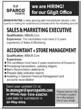 Sparco Paints Jobs 2024 Advertisement