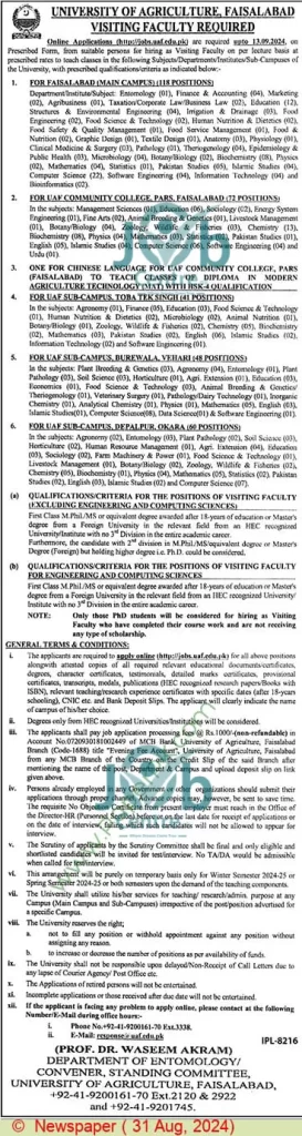 University of Agriculture Faisalabad UAF Jobs 2024 Advertisement