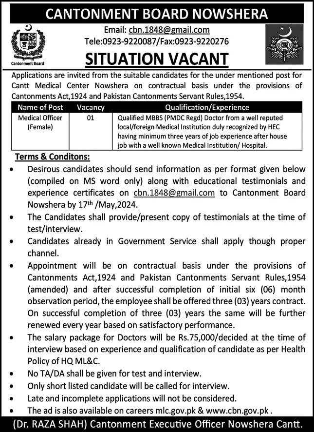 Cantonment Board Nowshera Cantt Jobs 2024 Advertisement