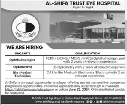 Al Shifa Trust Eye Hospital Rawalpindi Jobs 2024 Advertisement