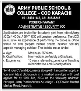 Army Public School APS Karachi Jobs 2024 Advertisement