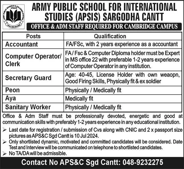Army Public School for International Studies APSIS Sargodha Jobs 2024 Advertisement