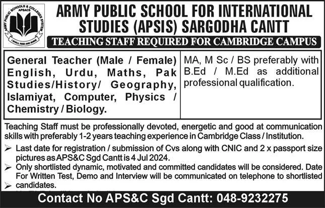 Army Public School for International Studies APSIS Sargodha Jobs 2024 Advertisement#1
